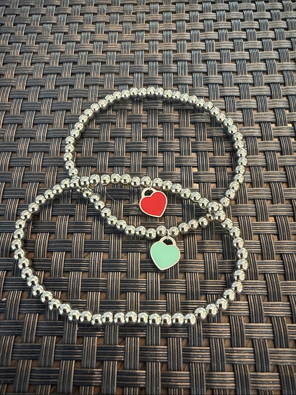 Silver Beaded Bracelet Set with Red and Mint Heart Charms